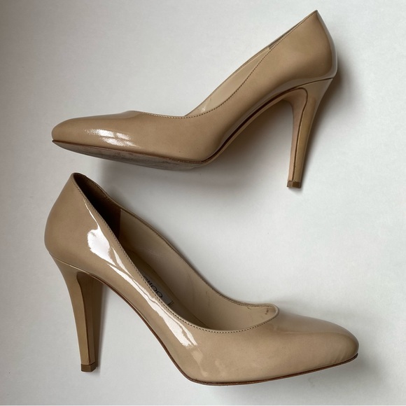 Nude Patent Leather Tapered Round Toe Vikki Pumps - Picture 12 of 13